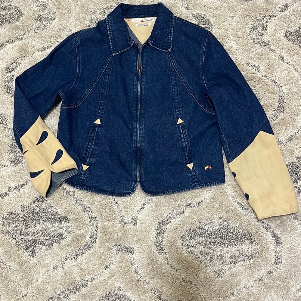 VINTAGE Tommy Hilfiger Denim Zip Jacket With Creme Suede Cuffs